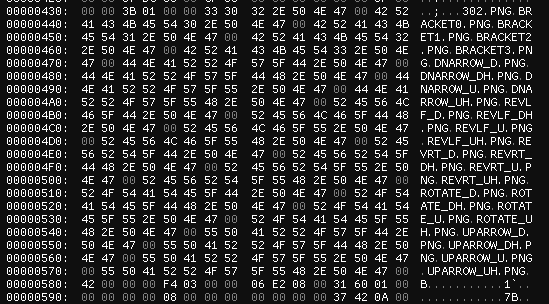 Hex dump of the first file listing